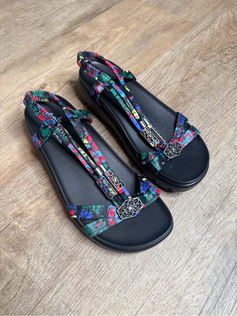 Alegria Women's Black Sandals with Multicolor Floral Straps